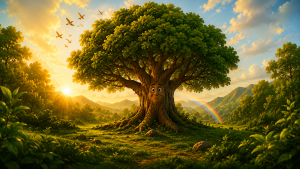Marité Rodriguez menciona el gran árbol del talento en un paisaje luminoso, símbolo de la innovación, la inteligencia artificial y el crecimiento sostenible de las personas y las empresas.