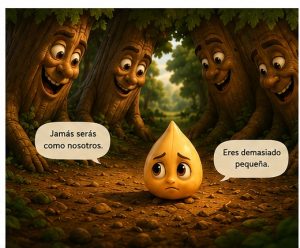 Pequeña semilla dorada escuchando a varios árboles que dudan de su capacidad, metáfora de la confianza necesaria para desarrollar el talento en la empresa. Marite Rodriguez