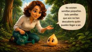 Marité Rodríguez acompaña a una pequeña semilla dorada y explica que no existen semillas pequeñas, sino talento que aún no ha descubierto su potencial dentro de la empresa.