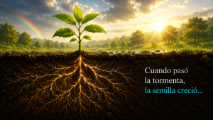 Planta joven con raíces luminosas creciendo después de la tormenta, símbolo del talento que se fortalece gracias al aprendizaje, la resiliencia y un entorno adecuado-marite-rodriguez