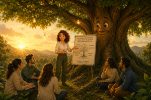 Marité Rodríguez guía a un equipo bajo el árbol del talento para mostrar que la innovación comienza con curiosidad, creatividad, empatía y propósito antes de utilizar inteligencia artificial.