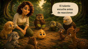 Marité Rodríguez acompaña a la semilla del talento mientras escucha las emociones de distintos animales, simbolizando la inteligencia emocional antes de reaccionar.