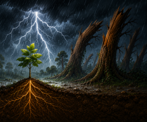 Pequeña planta que resiste una tormenta gracias a sus raíces profundas, metáfora de la resiliencia y del desarrollo del talento en la empresa.-marite-rodriguez